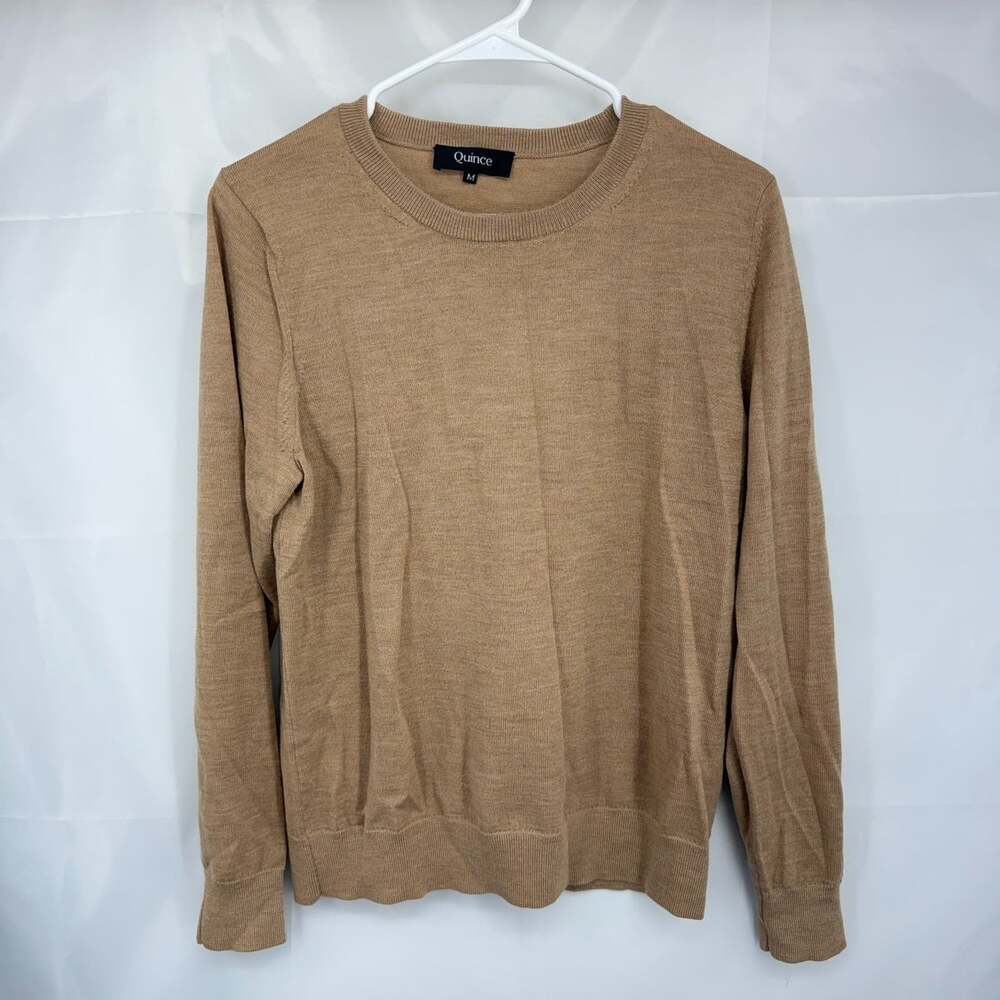 Quince Women M 100% Merino Wool Sweater Crew Neck Camel Brown Long Sleeve Knit